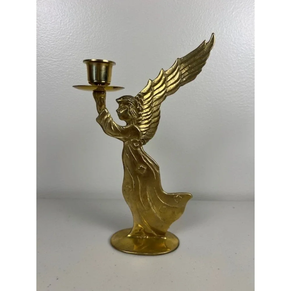 Vintage Solid Brass Angel Candlestick Holder Gold Tone Winged Celestial 8.5 inch